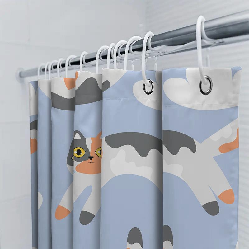 Whimsical Cat Pattern Shower Curtain For Home Decor Modern Blue And White Bathroom Accessories Perfect Gift Idea (200Cmx180Cm)
