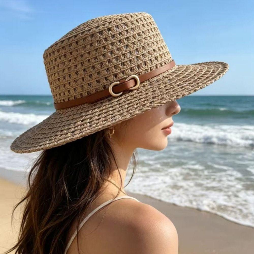 Buckle Decorated Band Flat Top Hat Woven Beach Sun Hat Versatile Flat Brim Hat  Spring Summer
