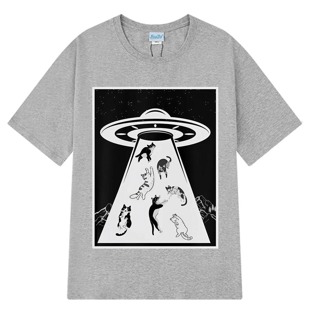 Rolig UFO-katt Utomjording Bortförning Katter Nyhet Grafiska T-shirts Herr Dam Vintage T-shirt Kortärmad Bomull Mode Casual T-shirts