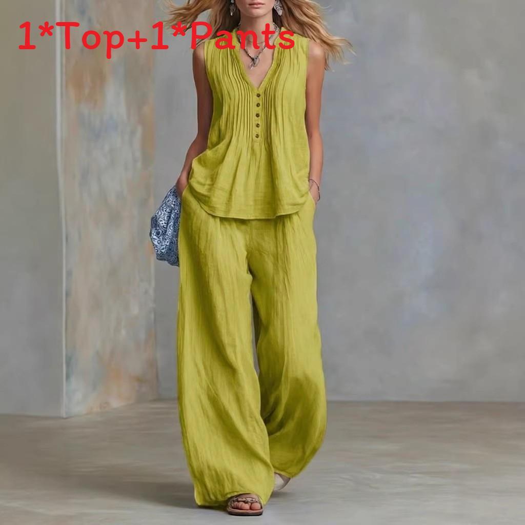 Completo Pantaloni Casual Senza Maniche Scollo a V per Donna con Inserti in Poliestere per l'Estate