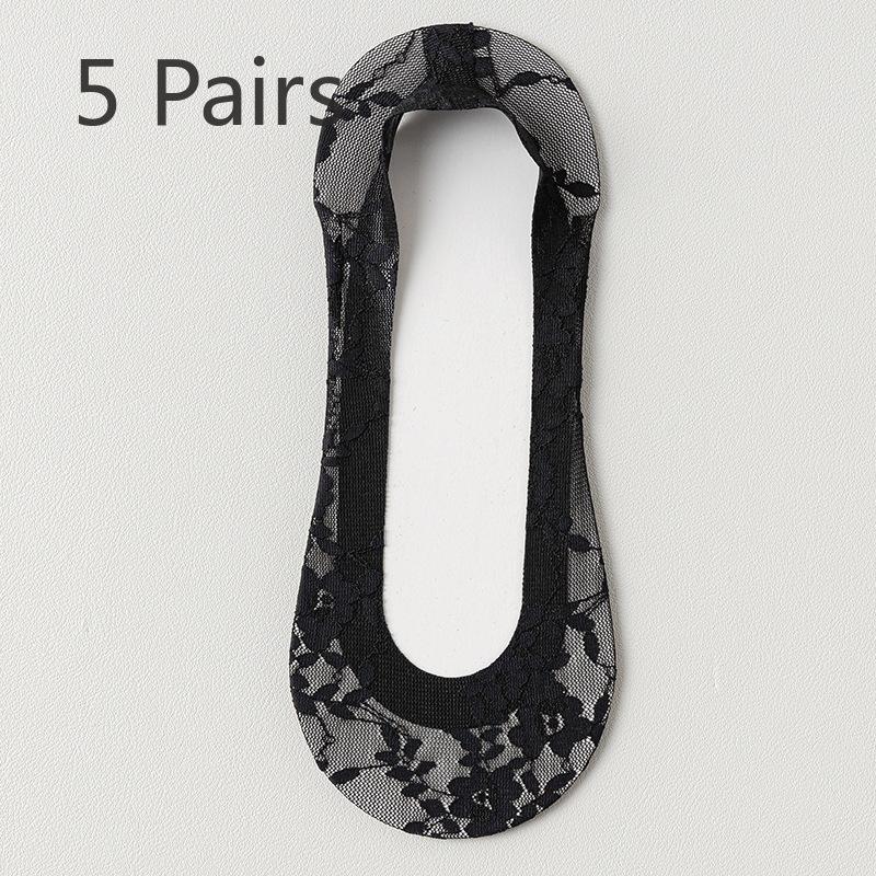 5 Pairs of Women's Summer Thin Non Slip Cotton Sole Shallow Mouth Invisible Lace Socks
