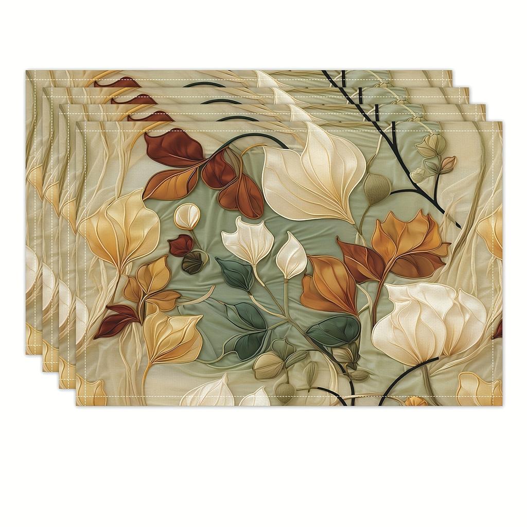 4/6 Stück Elegante Florale Tischsets - Rechteckig Leinen, Maschinenwaschbar, Herbstlaub & Weißblumen-Design, Perfekt für Thanksgiving, Familie