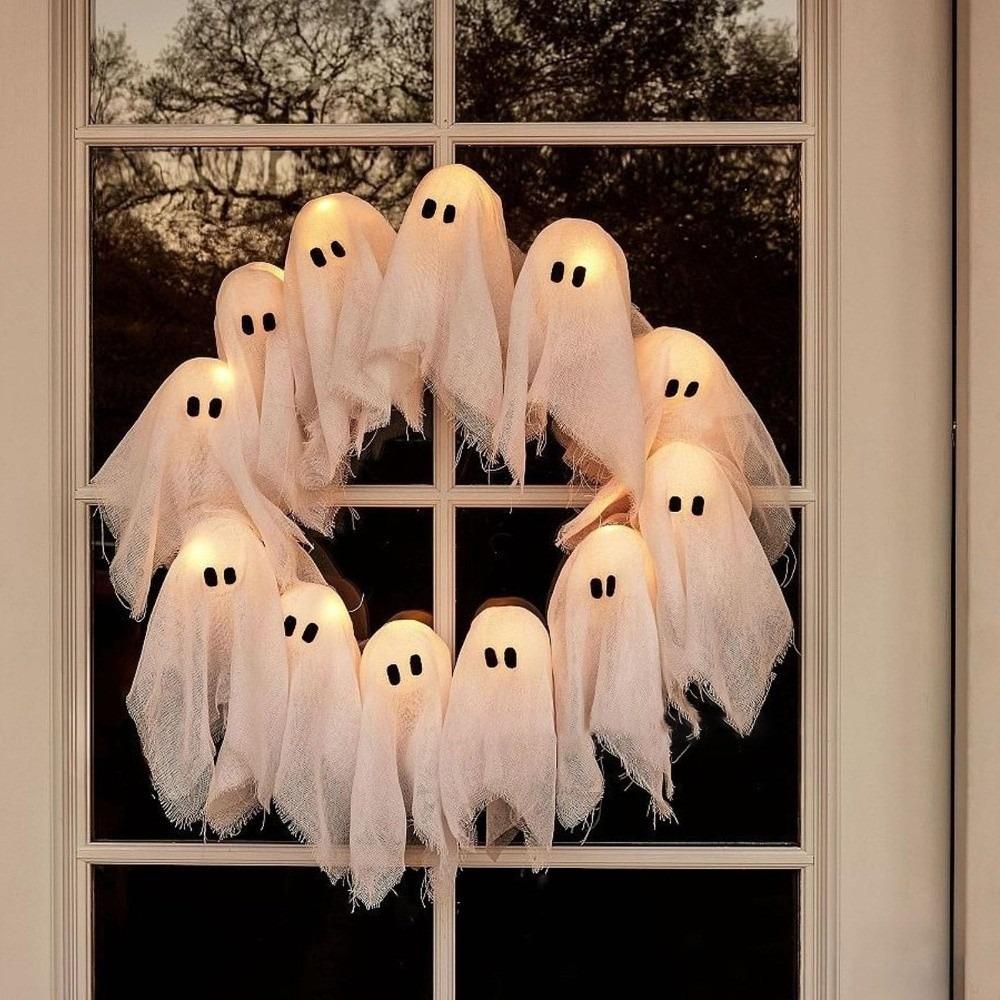 White Ghos T Design Halloween Ghos T Wreath Light-Up Feature Halloween Decor Spooky Hanging Decoration Spooky Theme