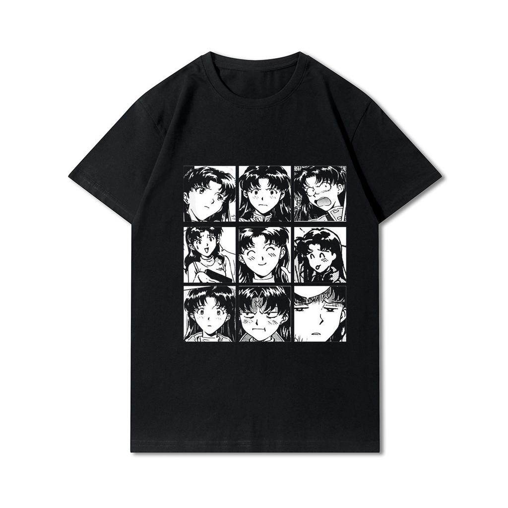 Plus Size Evangelion Printed Men T Shirts Round Neck Cotton Tops Summer Anime Casual Black Tees