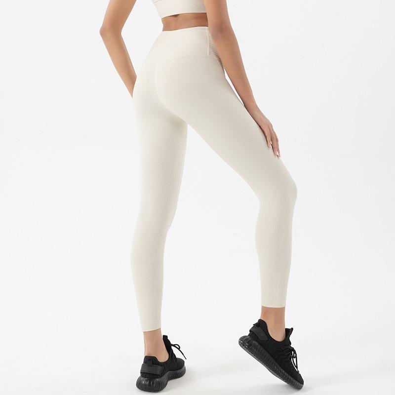 New ribbed nude belly yoga pants women's high waist peach hip lift sports fitness leggings