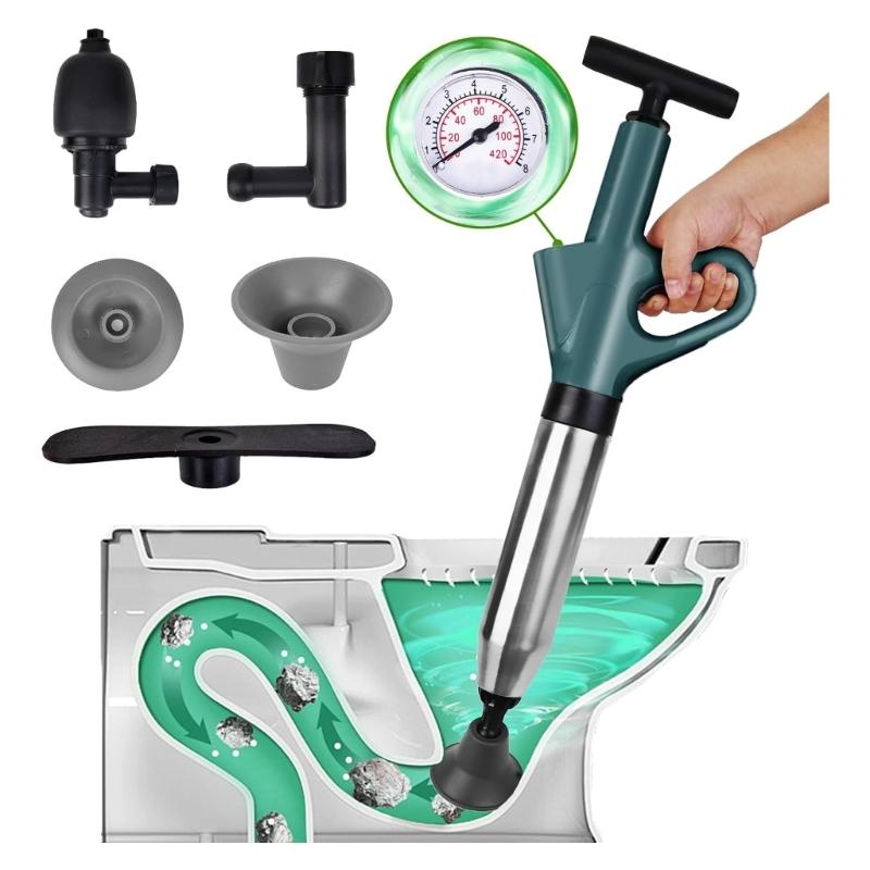 Air Pressure Drain Opener 120PSI Adjustable Gauge 3 Attachments For Clogged Toilet Sink Shower