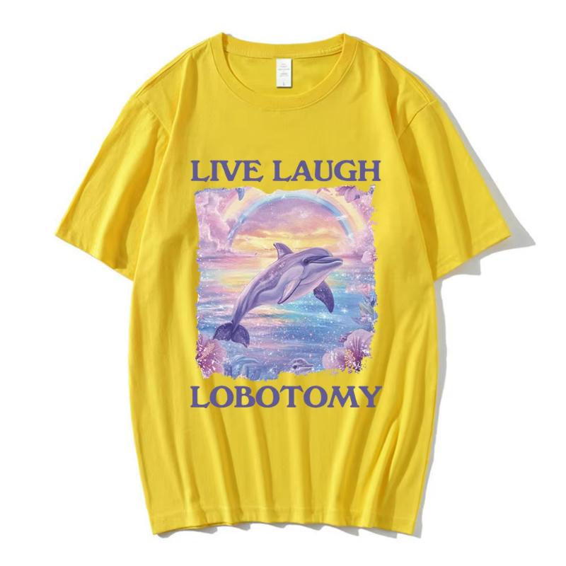 Damen Freizeit Kurzarm T-Shirt Streetwear Live Laugh Lobotomie Print T-Shirts Lustige Delfin Meme T-Shirts