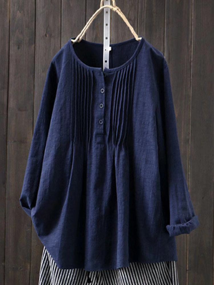 Cotton Linen Round Neck Pullover Shirt With Ruffle Detail For Casual Office Wear