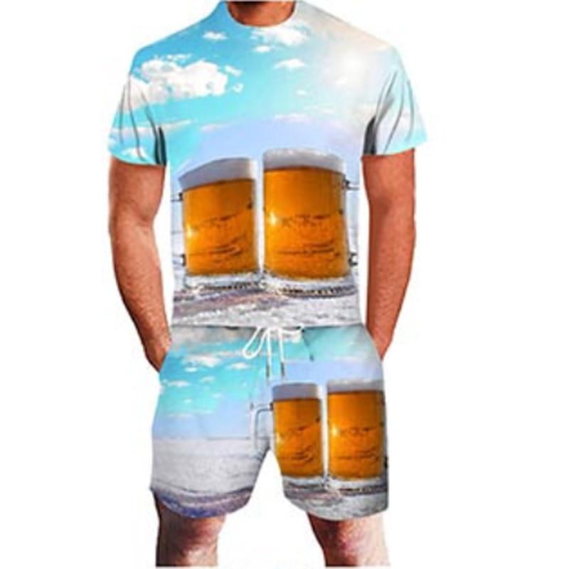 Summer Beer Print Tracksuit Men's Short Sleeve T-shirt Sets Fashion Streetwear T-shirts Shorts 2 Piece Sportswear