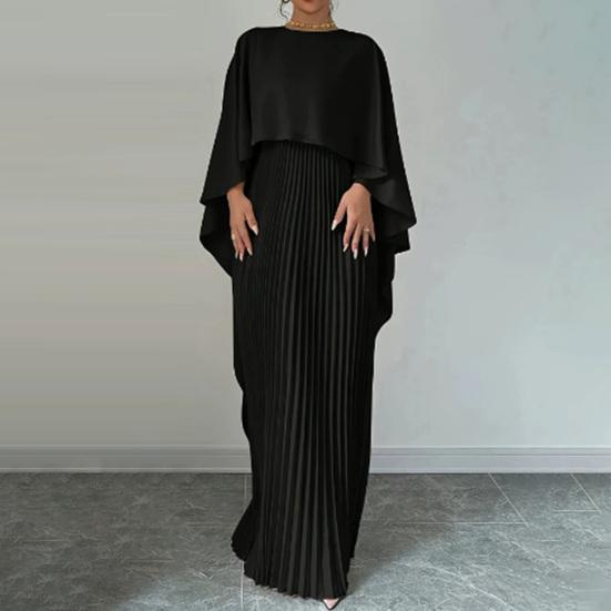Women's Pleated Flowy Maxi Dress Split Cape Sleeve Formal Wedding Guest Dress Cocktail Evening Party Long Dress
