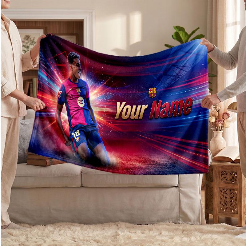 Lamine Yamal Personalisierte Fleecedecke Mit Fußball Logo, Benutzerdefinierter Name Text Weich Warm Heimdecke