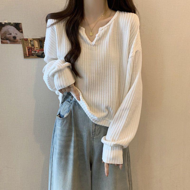 Women's V-Neck Ribbed Knit Sweater, Spring/Autumn 2025: Loose, Slimming, Plus Size, Mid-Length, Lazy Style, Ideal Base Layer.