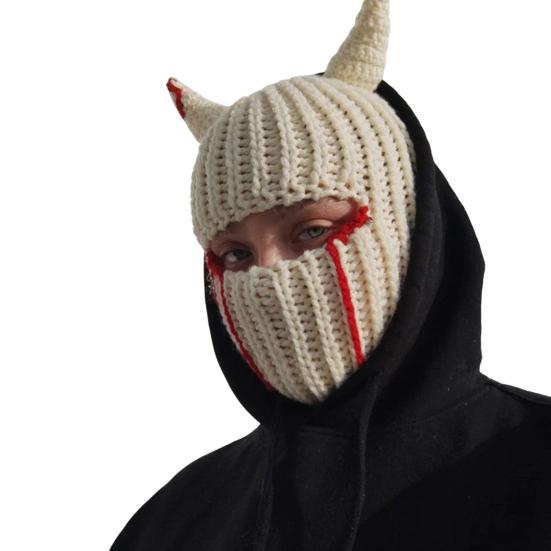 Casquette d'Halloween tricotée avec oreilles de lapin, coupe-vent, accessoire de fête, garde au chaud, ajustement régulier, chapeau en corne imprimé floral pour le sport de plein air
