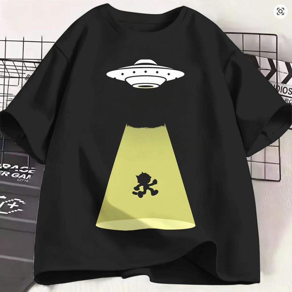 Ffelixs Black Cat Unisexs T Shirt Alien Abduction Vintage Tees Short Sleeve Crew Neck Tshirts Cotton Plus Size Clothing