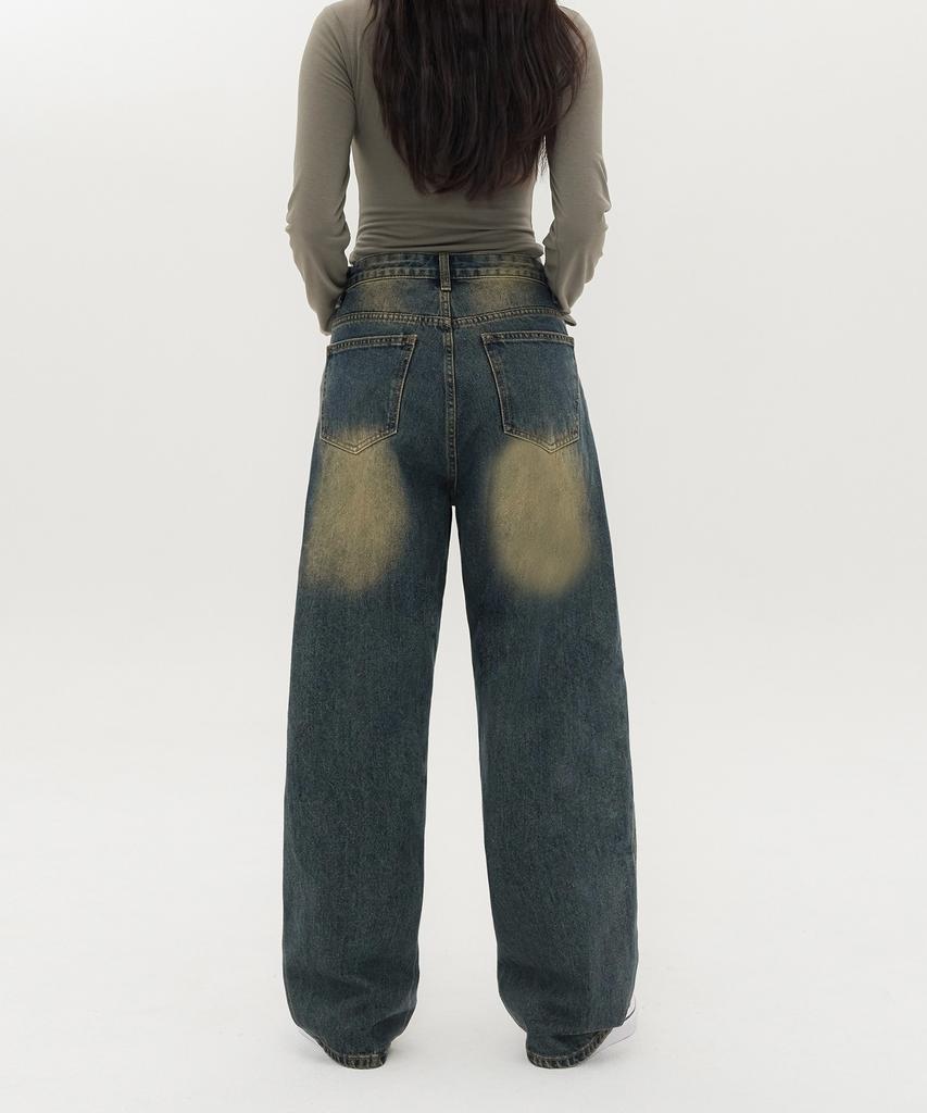 Akeusi Loose Washed Balloon Fit Wide Denim Pants Unisex (Yellow-Blue)