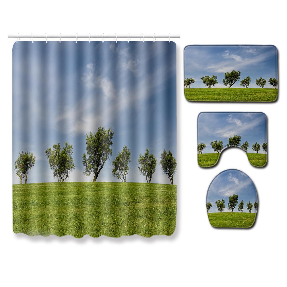 Landscape Shower Curtain Floor Mat Combination Four-Piece Set Bathroom Toilet Carpet Shower Room Mat Foot Mat