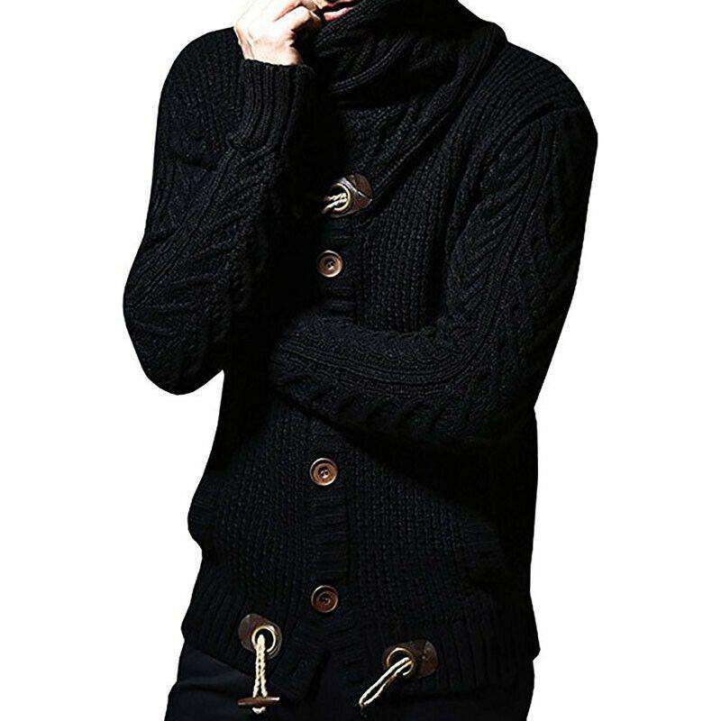 Elegant Men Long Sleeve Knitted Sweater With Horn Buttons And Turtleneck Coat Cardigan