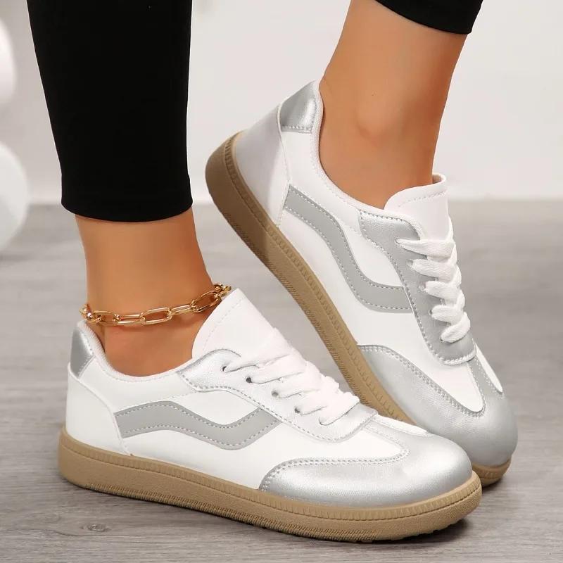 Chaussures Femme Vente Chaude Lacets Chaussures Vulcanisées pour Femmes Automne Bout Rond Couleurs Mélangées Plates Décontractées Confortables Chaussures de Bureau pour Dames