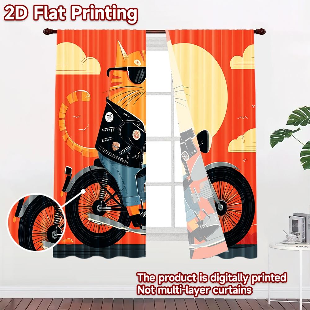2D Flat Printing 2pcs Curtains Cool Cat Riding Motorcycle Digital Printed Polyester Drapes Birthday Party Use for Booths Studio