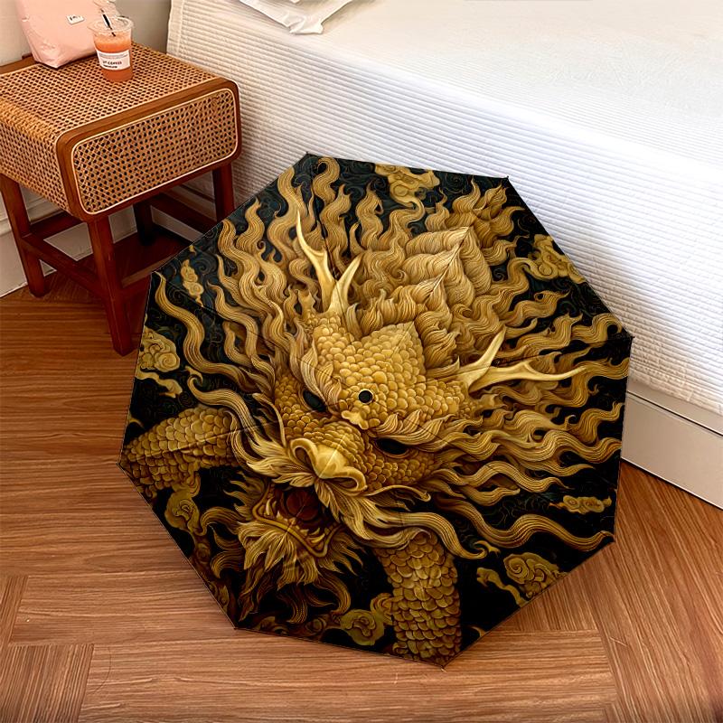 Golden Dragon Pattern, Automatic Folding Umbrella, Portable and Foldable Design, 8 Ribs, a Christmas or Birthday Gift.