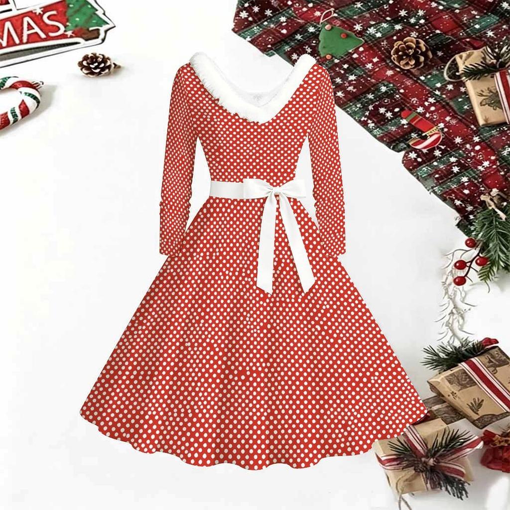 Women Floral Print Midi Dress, Long Sleeve V‑Neck Furry Trim A‑Line Party Dress, Christmas Limited Edition