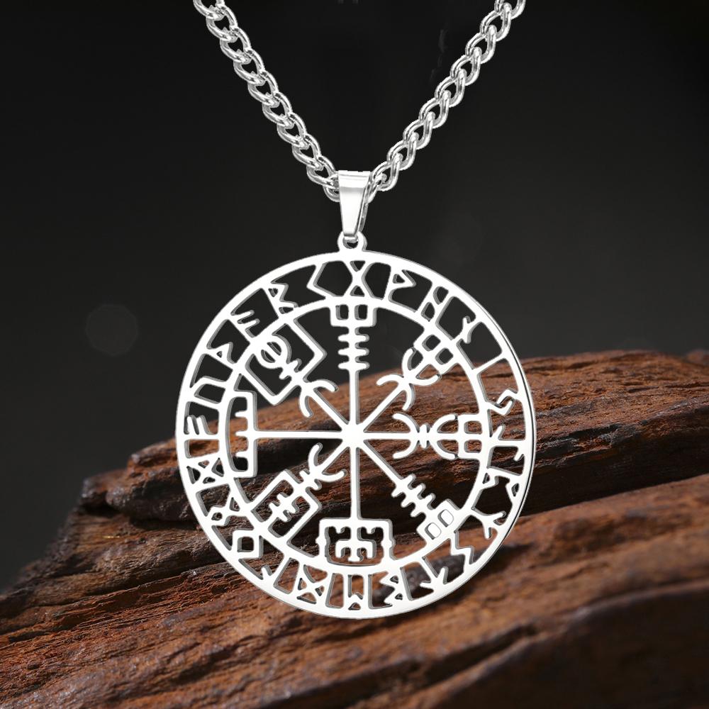 Vegvisir Anhänger Halskette Nordische Wikinger Runen Kompass Schutz Amulett Edelstahl Schmuck für Männer Frauen