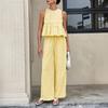 Women Tank Top Pants Two-Piece Set Summer Plaid Sleeveless Ruffle T-shirt Wide Legs Trousers Loose Casual O-Neck Shirt Elastic Waist Trousers