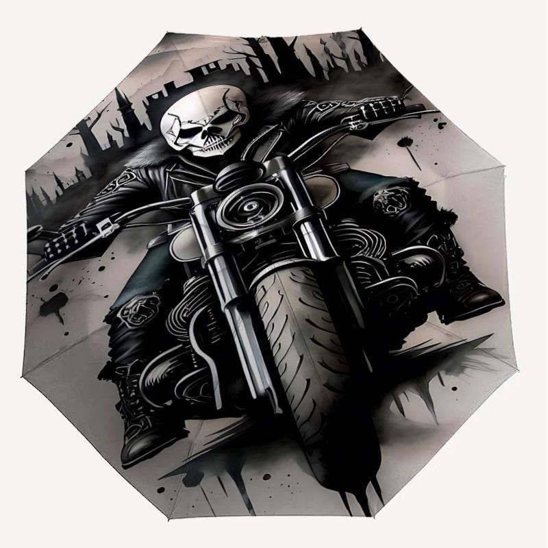 1pc Skull Biker Automatic Open/Close Umbrella Compact Folding Umbrella with 8-Rib Shaft for Women/Men, Portable Travel Umbrella,1211S