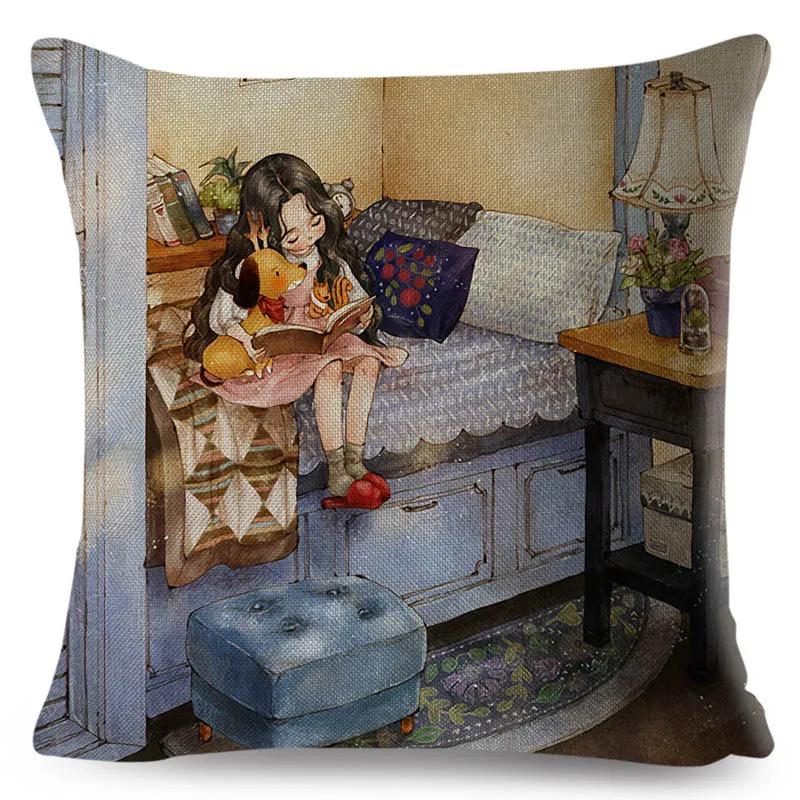 Colorful Cute Cartoon Girl and Pet Dog Fairy Tale World Pillowcase Decor for Sofa Home Pillow Case Polyester Cushion Cover