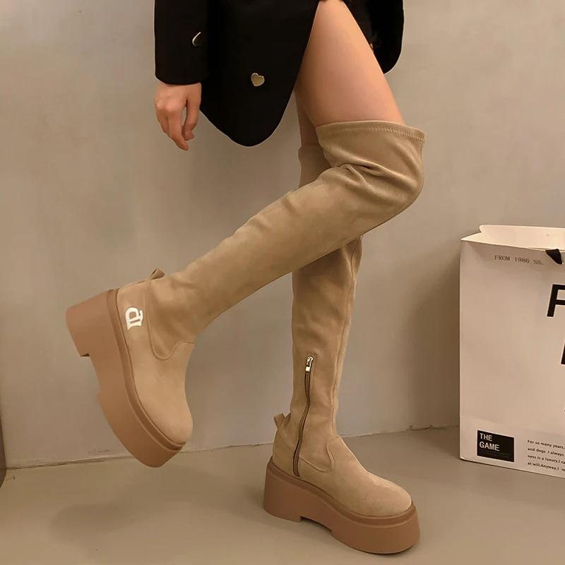 Stretch Damen Overknee Stiefel Fashion Slip On Knight Lange Booties Herbst Winter Platfrom Flats Damenschuhe