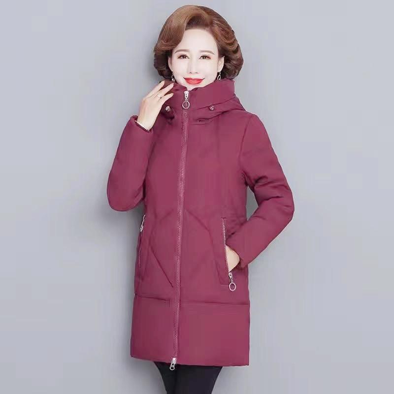 New Fashion Autumn Winter Mother Women Warm Solid Color Hooded Thicken Padded Mid-long Coat