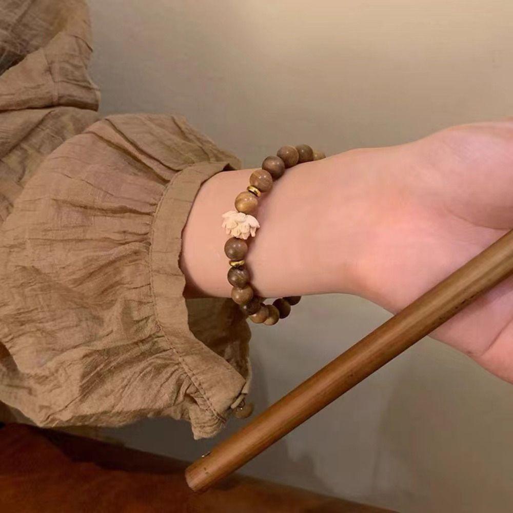 Rosary Flower Sandalwood Bangle Elastic Green Natural Sandalwood Bracelet Girl