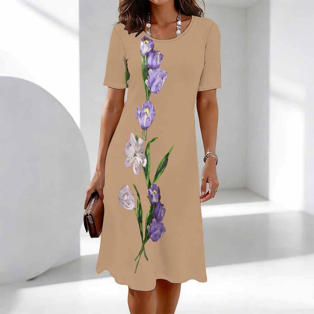 Women's Fashion Graceful Beautiful Flower Print Summer Spring Short Sleeve O-Neck Casual Dresses