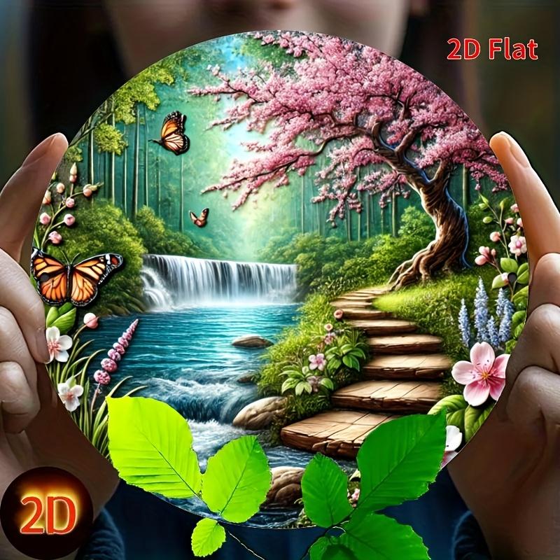 D Flat Cherry Blossom Waterfall Forest Round Metal Tin Sign Serene Nature Path Butterfly Wall Decor Rustic Spring Landscape A