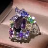 Milangirl Multicolor Purple Flower Waterdrop Crystal Zircon Rings for Women Female Wedding Engagement Bridal Banquet Zircon