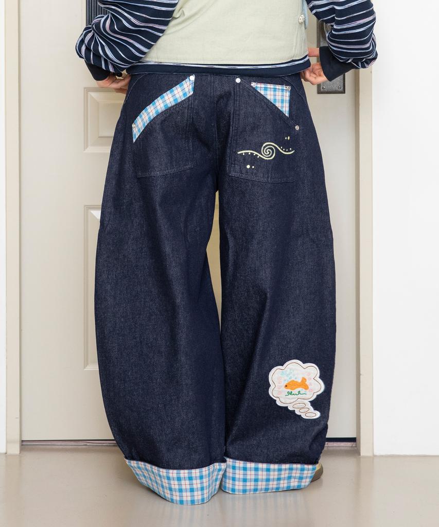 RuNaKi'Hu' Wxp085 Shiawase Check Color Block Balloon Pants (Indigo)