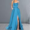 Women Evening Dress Halter Neck Off Shoulder Satin High Split Sleeveless Backless Floor Length Cross Back Pockets Prom Wedding Party Bride Ball Gown