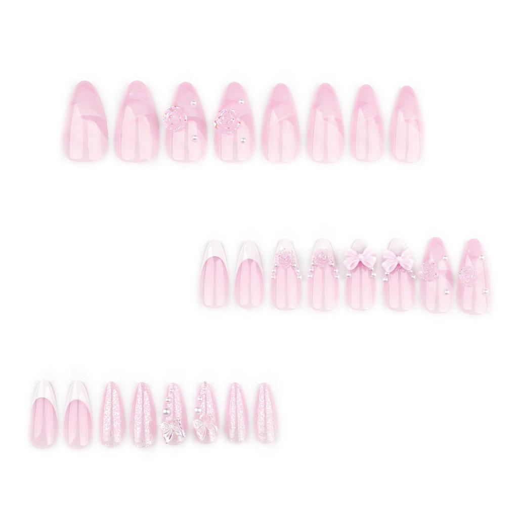 24 Pcs 3D Bows False Nail Flowers Acrylic Nail White French Tip Full Cover Stick On Nail Almond Shape Press On Nail