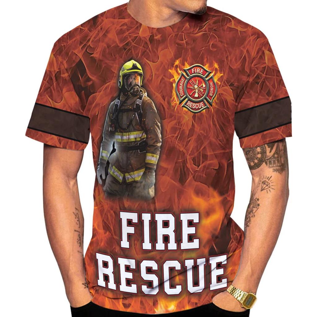 Summer Round Neck 3D Firefighter Print Top Fashionable Casual Short Sleeved Men's T-shirts