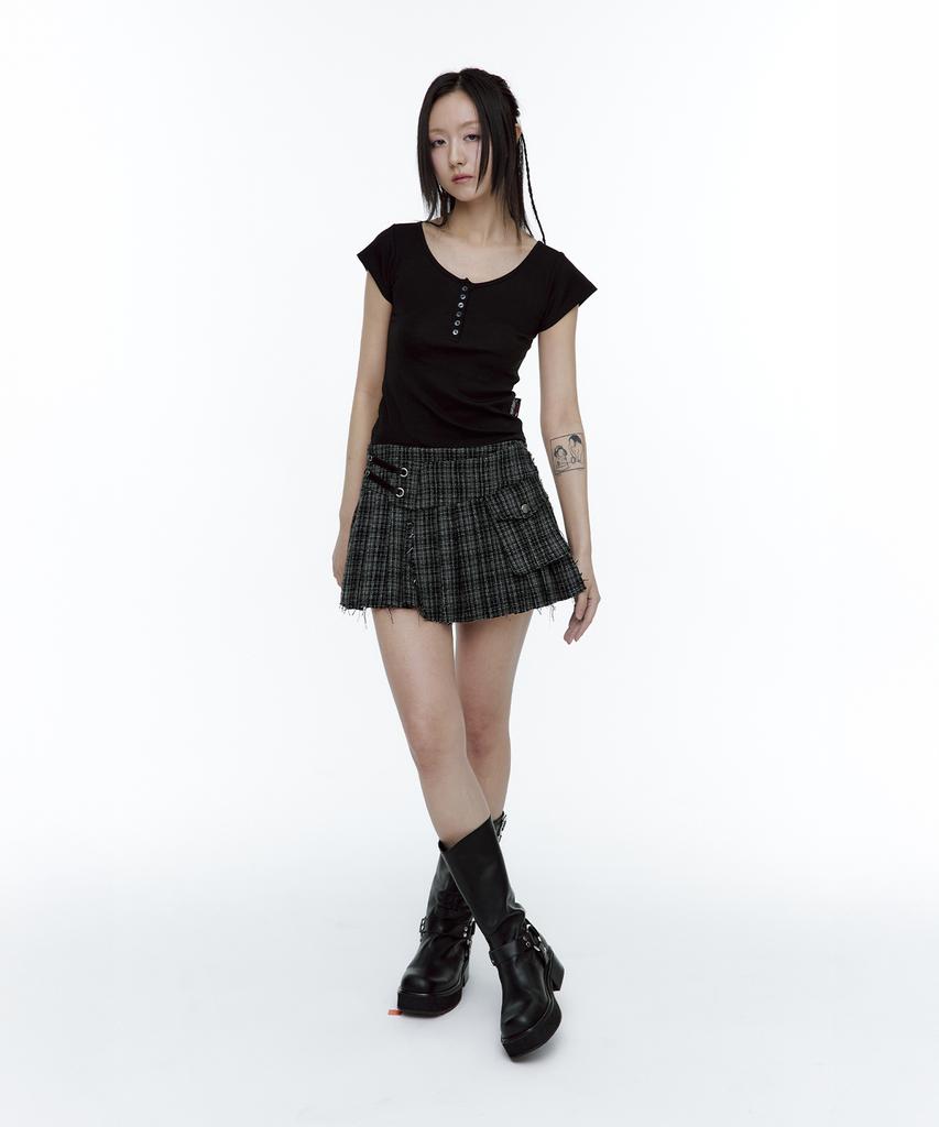 Rough Neck Tartan Check Tweed Skirt Black
