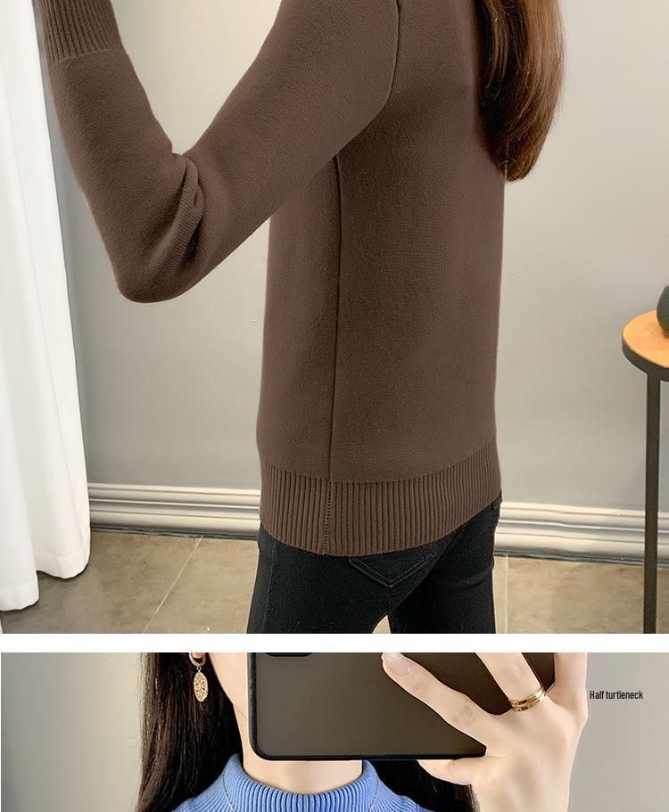 2025 Autumn/Winter Women's Plus Velvet Thick Warm One-Piece Knit Base Layer Sweater with Half-High Collar - Stylish & Slimming