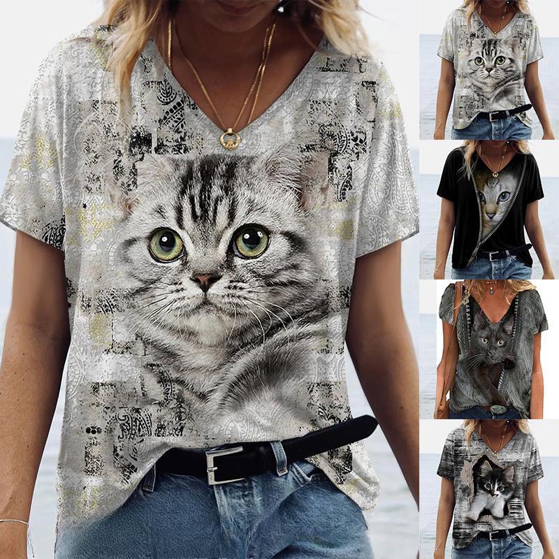 Hauts pour femmes col en V manches courtes imprimé chat gris T-shirt ample Chemisier décontracté KTB