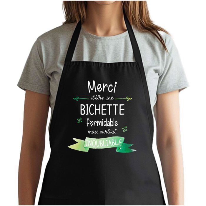 Tablier de cuisine - Merci Bichette Inoubliable Femme - Noir - Coton résistant - Impression bretonne