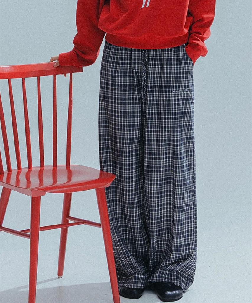 ANNEHEARTS Glen Check Wide Easy Pants_Navy