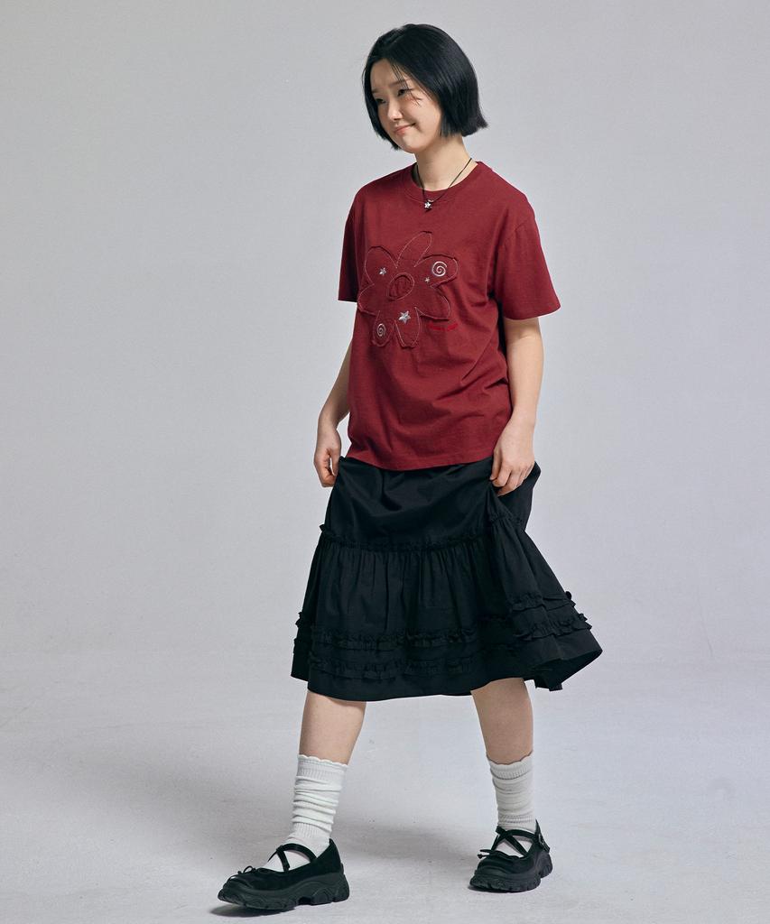 AWESOME STUDIO Flower Patchwork Short Sleeve T-Shirt Wine