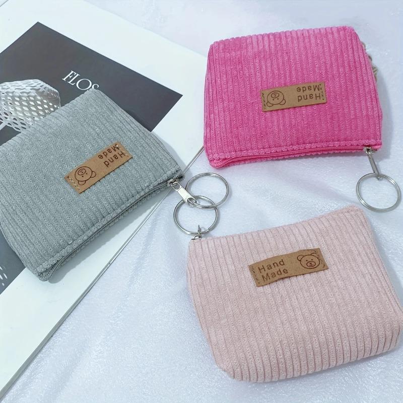 Corduroy Coin Purse  Flannel Zipper Bag  Cloth Label Striped Coin Bag  Girl Small Wallet  Storage Key Case