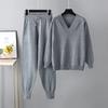 Two Piece Women Knit Sport Suits V Neck Women Sweater Drawstring Harem Pants Jogging Pants Pullover Sweater Set Knitted Outwear