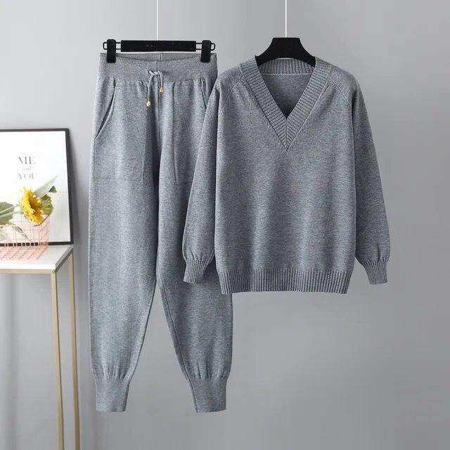 Two Piece Women Knit Sport Suits V Neck Women Sweater Drawstring Harem Pants Jogging Pants Pullover Sweater Set Knitted Outwear