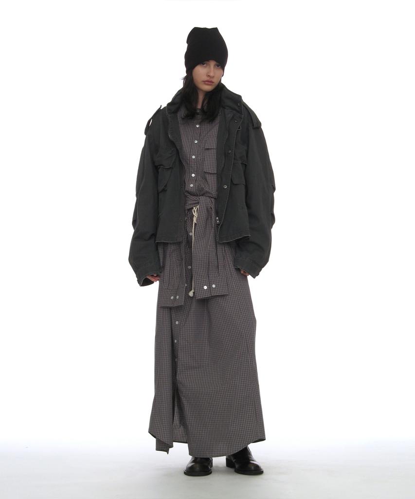 Partimento Woman Sleeve-Tie Shirt Maxi Dress_Charcoal Check