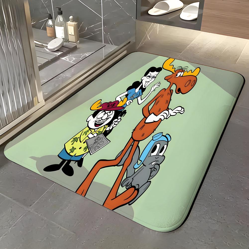 cartoon r-Rocky & b-Bullwinkle Floor Mat Soft Flannel Entrance Door Mat Non Slip Absorbent Bathroom Bedroom Floor Rug